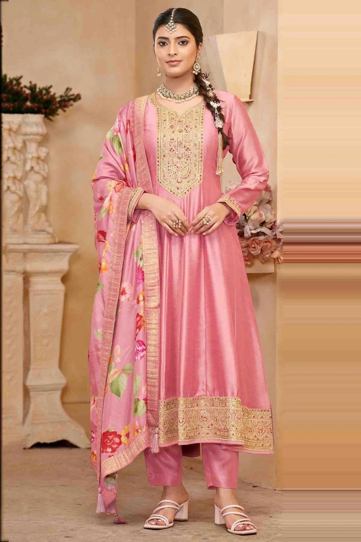 Baby Pink Colour Vichitra Silk Anarkali Suit SM1112947
