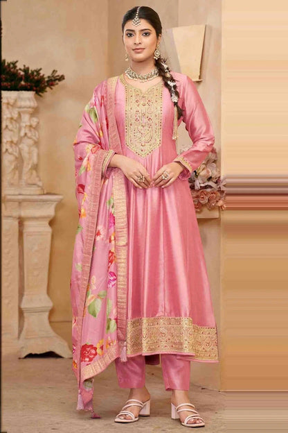 Baby Pink Colour Vichitra Silk Anarkali Suit SM1112947