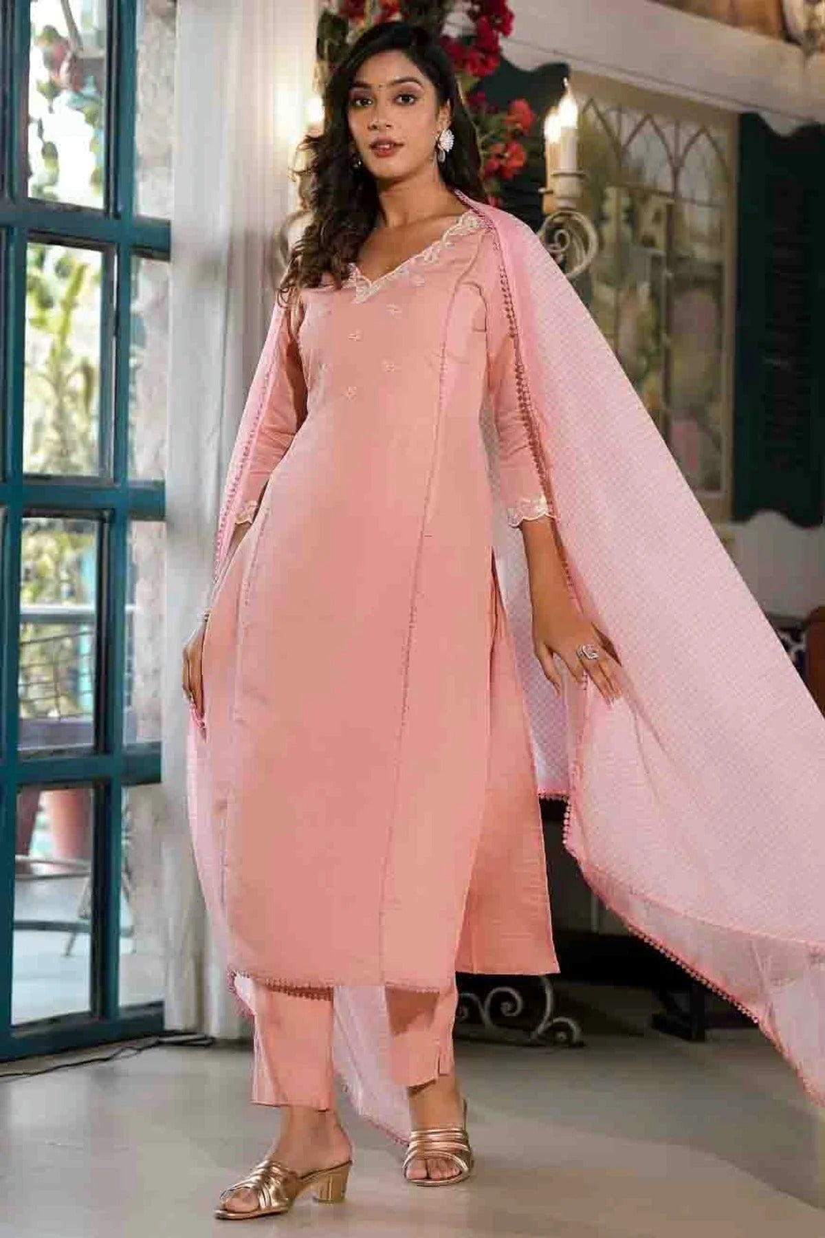 Baby Pink Colour Viscose Silk Stitched Pant Style Suit SS1140739