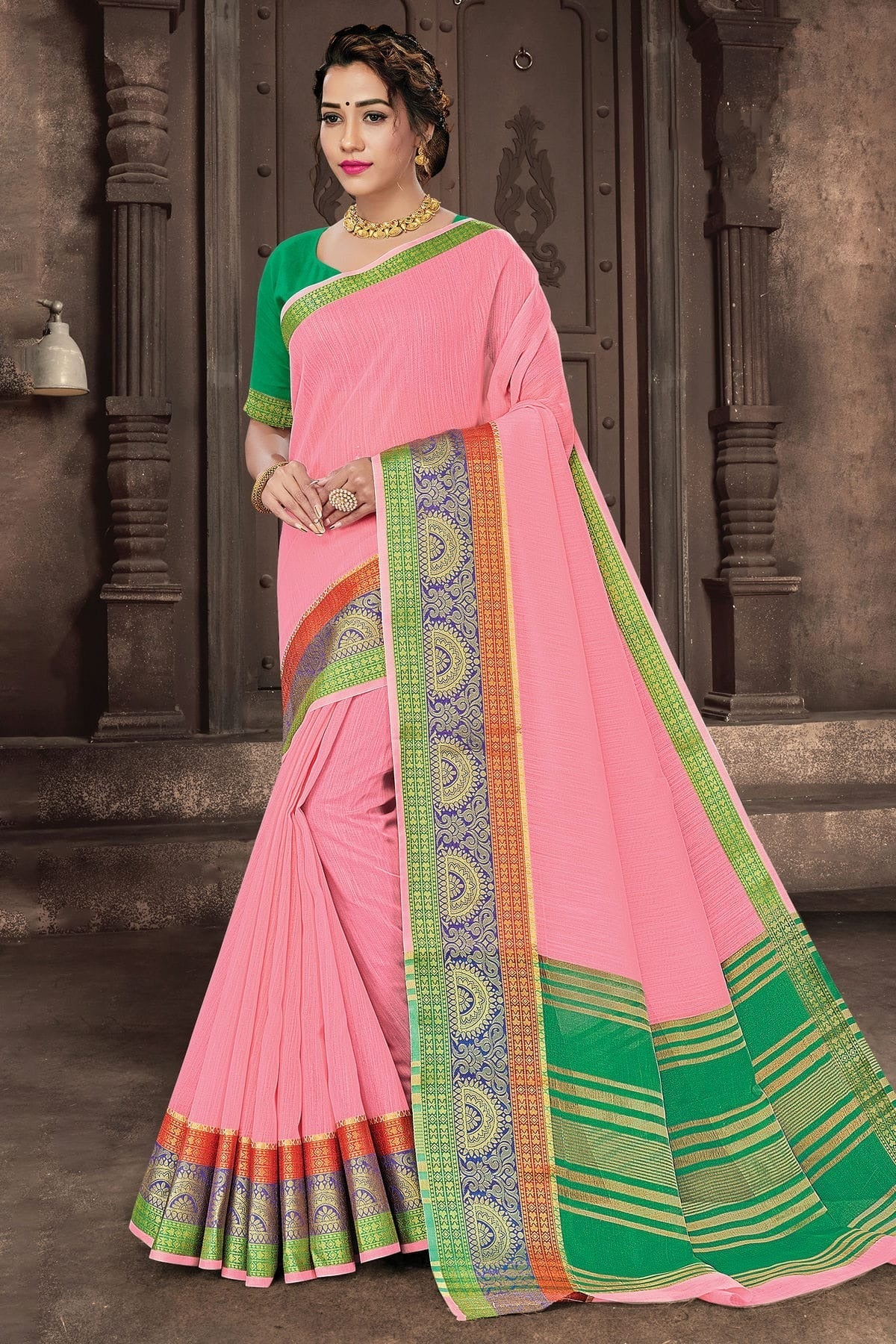 Baby Pink Colour Woven Work Cotton Handloom Saree SD1101268