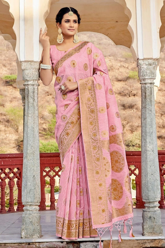 Baby Pink Colour Woven Work Linen Saree SD1101329
