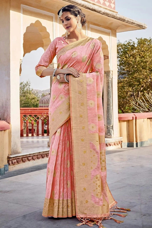 Baby Pink Colour Woven Work Linen Saree SD1101331