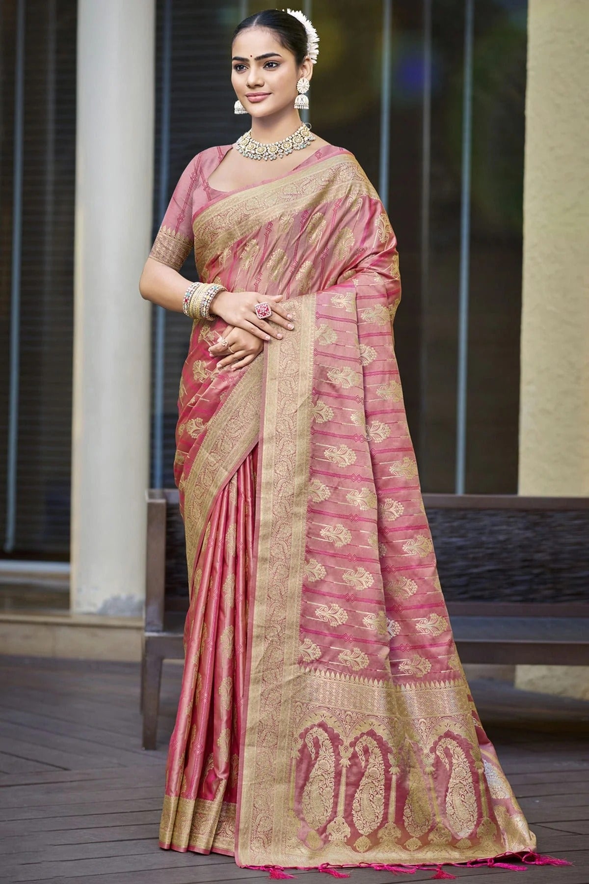 Baby Pink Colour Woven Work Satin Silk Traditional Saree SD1103205