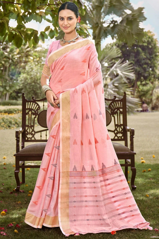 Baby Pink Colour Zari Work Cotton Saree SD1102324