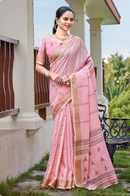 Baby Pink Colour Zari Work Cotton Saree SD1102332