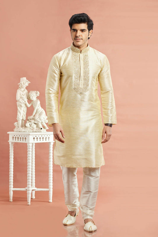 Banarasi Art Silk Embroidery Kurta Pajama In Beige Colour KP1230520