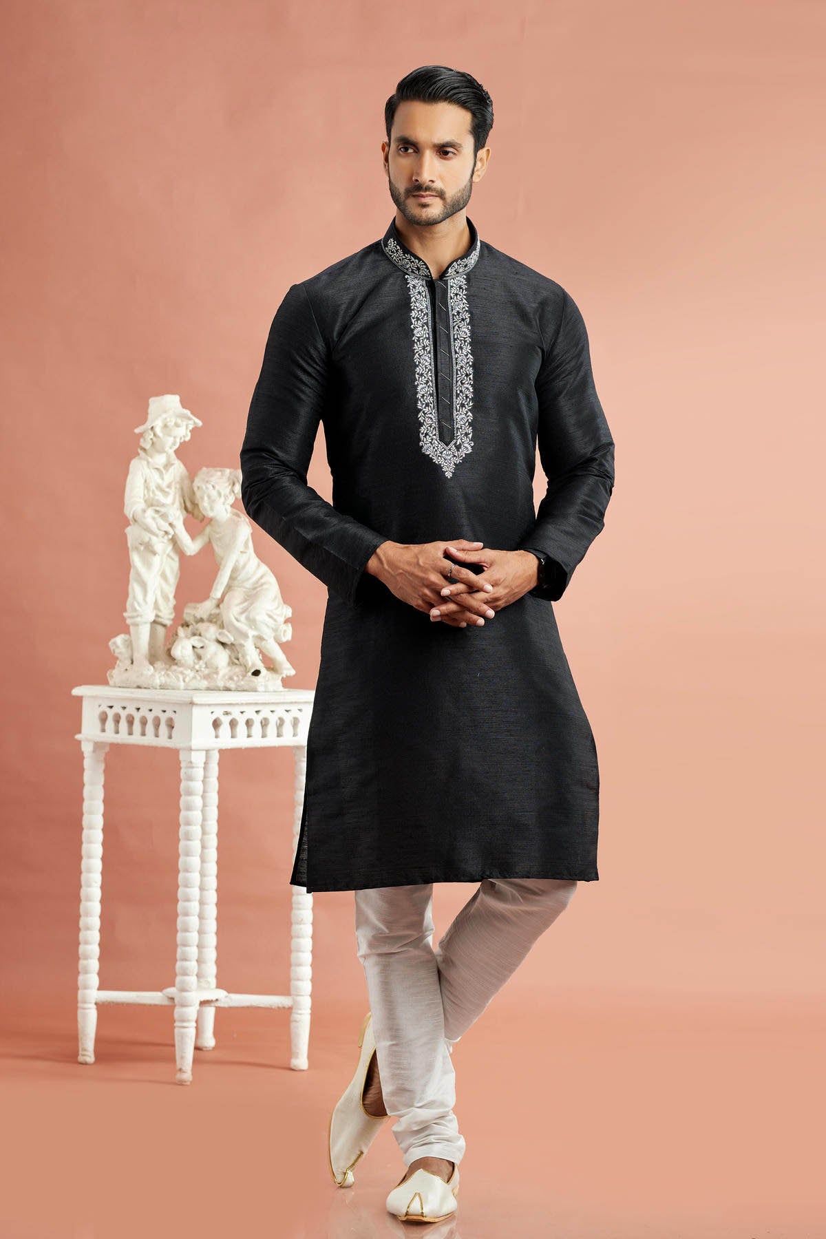 Banarasi Art Silk Embroidery Kurta Pajama In Black Colour KP1230524