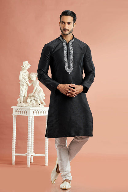 Banarasi Art Silk Embroidery Kurta Pajama In Black Colour KP1230524