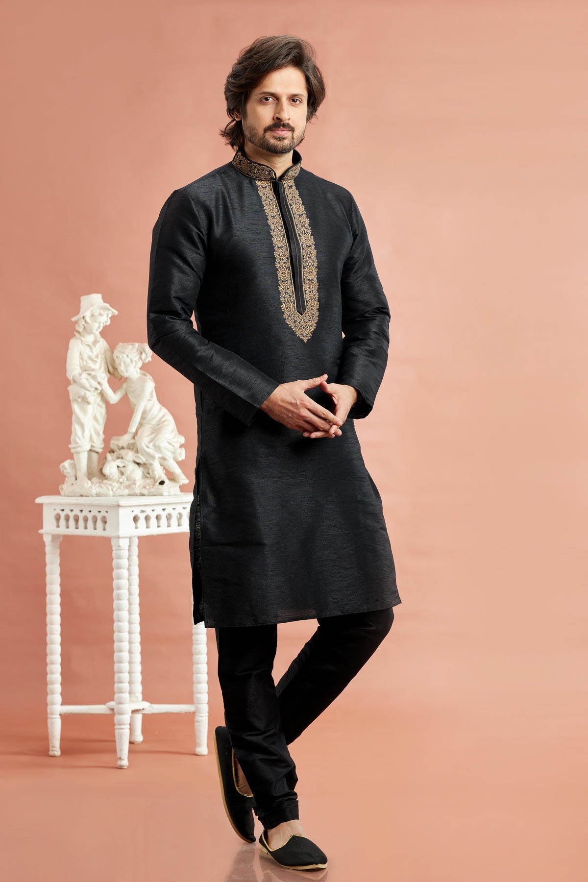 Banarasi Art Silk Embroidery Kurta Pajama In Black Colour KP1230529