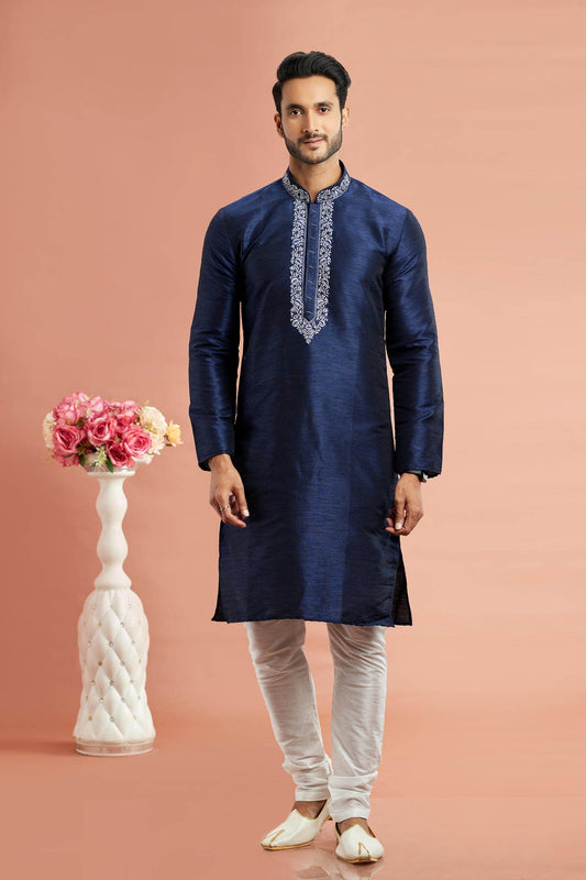 Banarasi Art Silk Embroidery Kurta Pajama In Blue Colour KP1230526