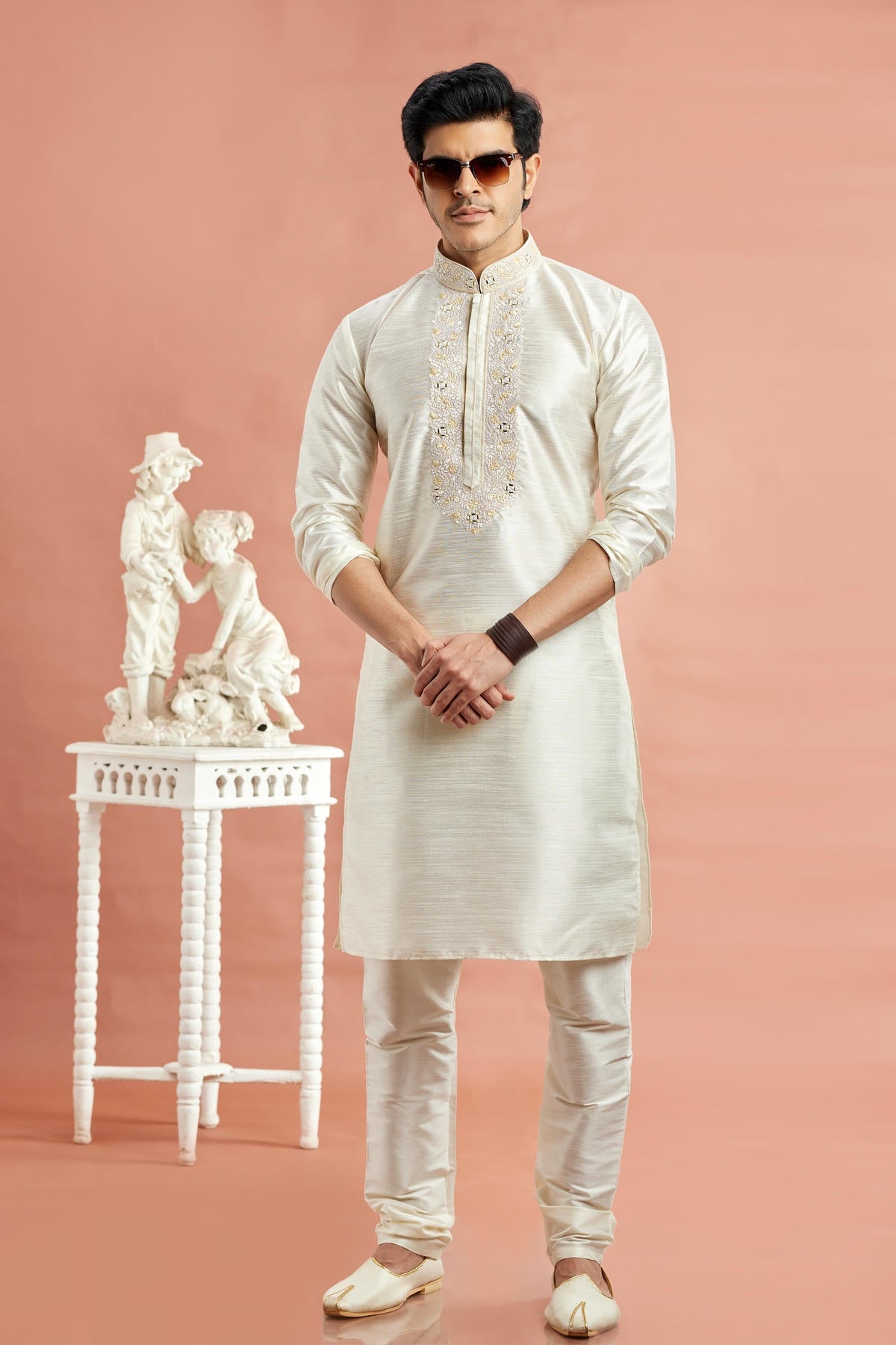 Banarasi Art Silk Embroidery Kurta Pajama In Cream Colour KP1230519 1