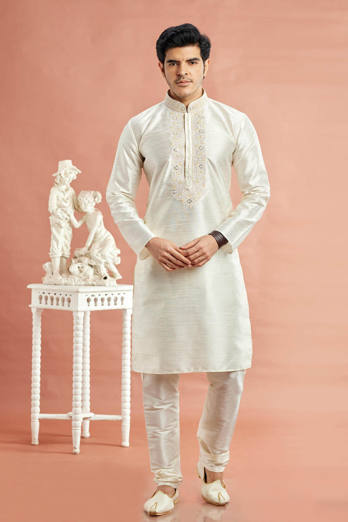 Banarasi Art Silk Embroidery Kurta Pajama In Cream Colour KP1230519