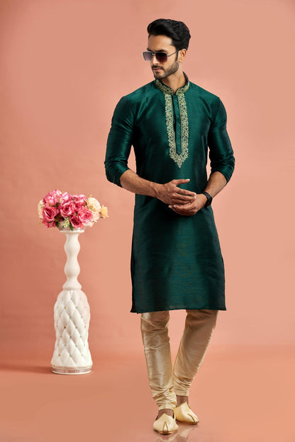 Banarasi Art Silk Embroidery Kurta Pajama In Green Colour KP1230525 1