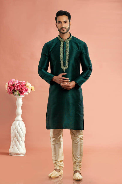 Banarasi Art Silk Embroidery Kurta Pajama In Green Colour KP1230525