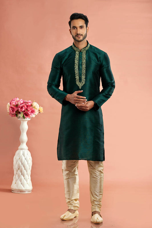 Banarasi Art Silk Embroidery Kurta Pajama In Green Colour KP1230525