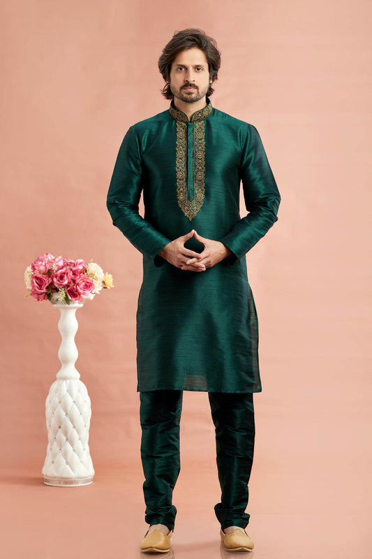 Banarasi Art Silk Embroidery Kurta Pajama In Green Colour KP1230527