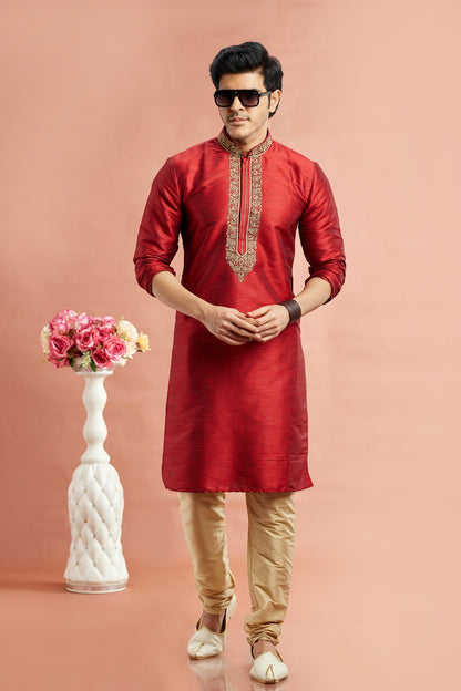 Banarasi Art Silk Embroidery Kurta Pajama In Maroon Colour KP1230522 1