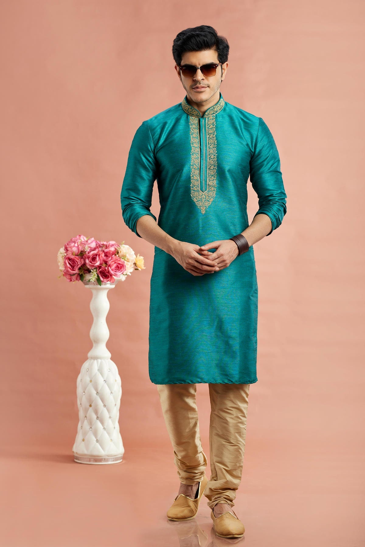 Banarasi Art Silk Embroidery Kurta Pajama In Teal Colour KP1230521 1