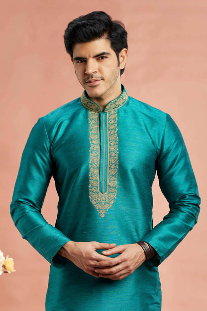 Banarasi Art Silk Embroidery Kurta Pajama In Teal Colour KP1230521 2