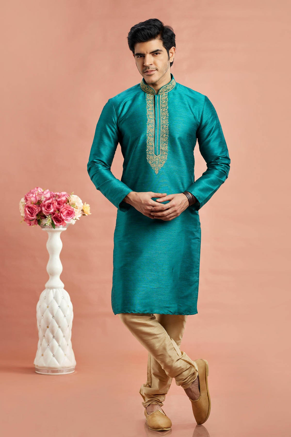 Banarasi Art Silk Embroidery Kurta Pajama In Teal Colour KP1230521