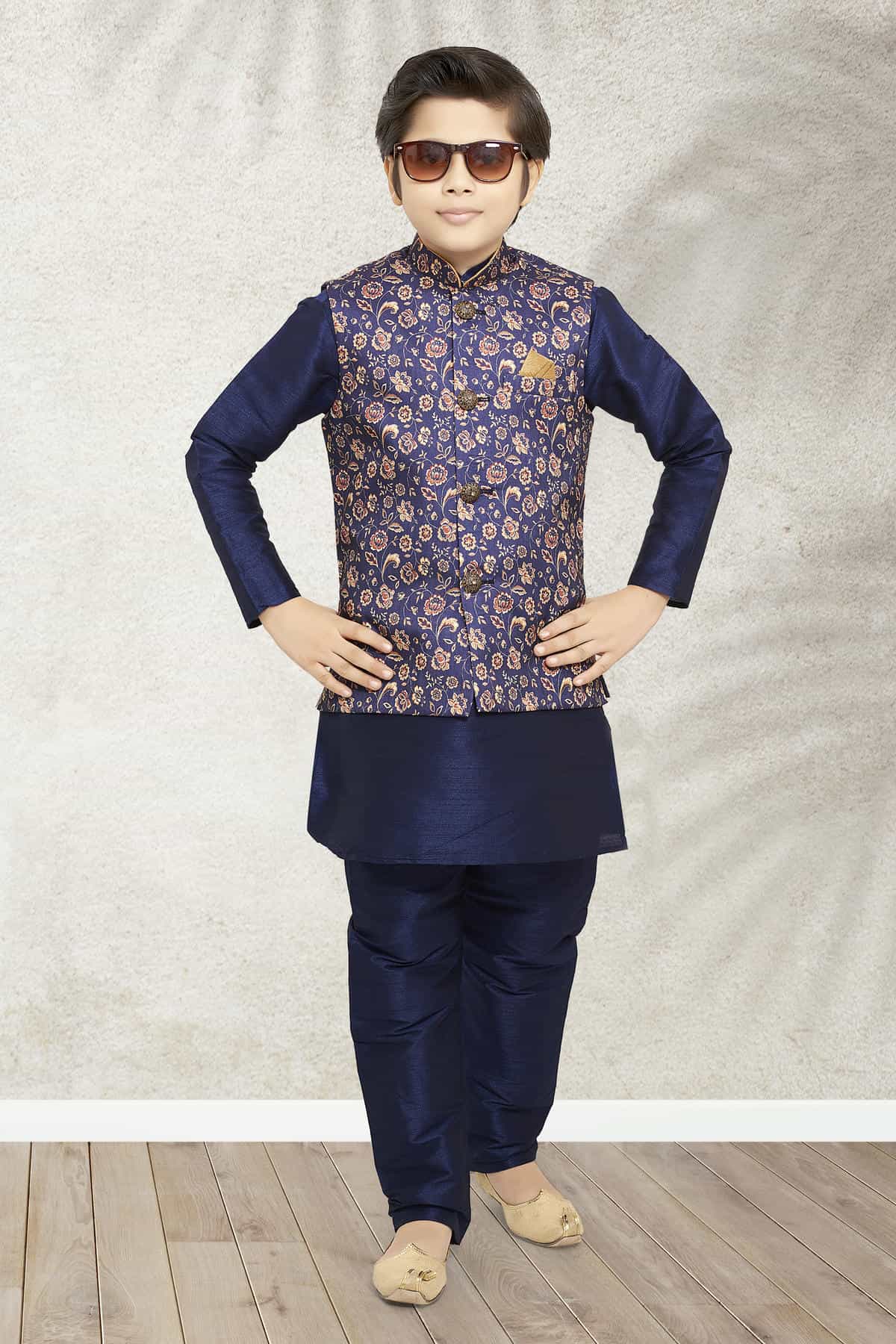 Banarasi Silk Digital Printed Blue Colour 3 Pcs Jacket Set