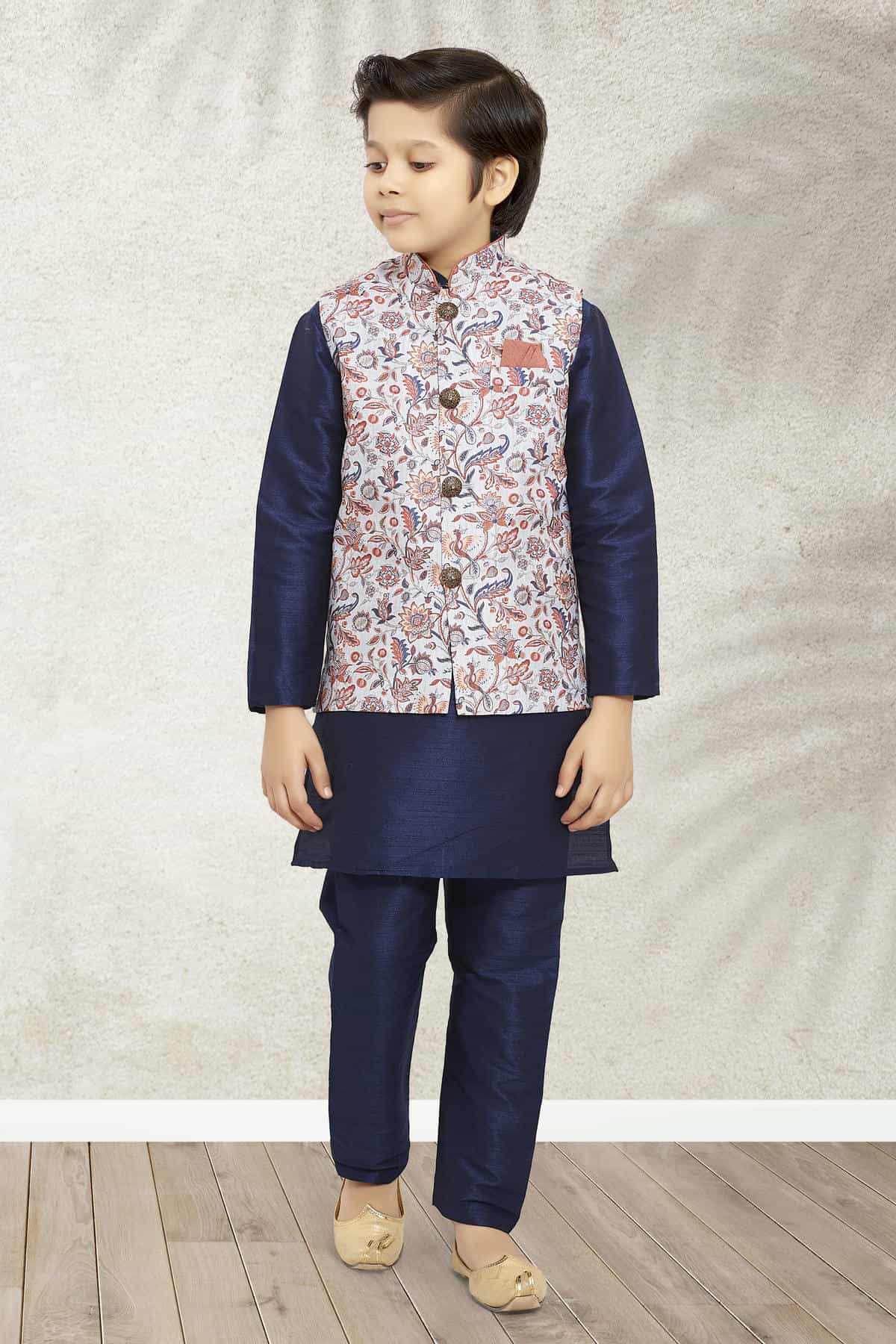 Banarasi Silk Digital Printed Blue Colour 3 Pcs Jacket Set