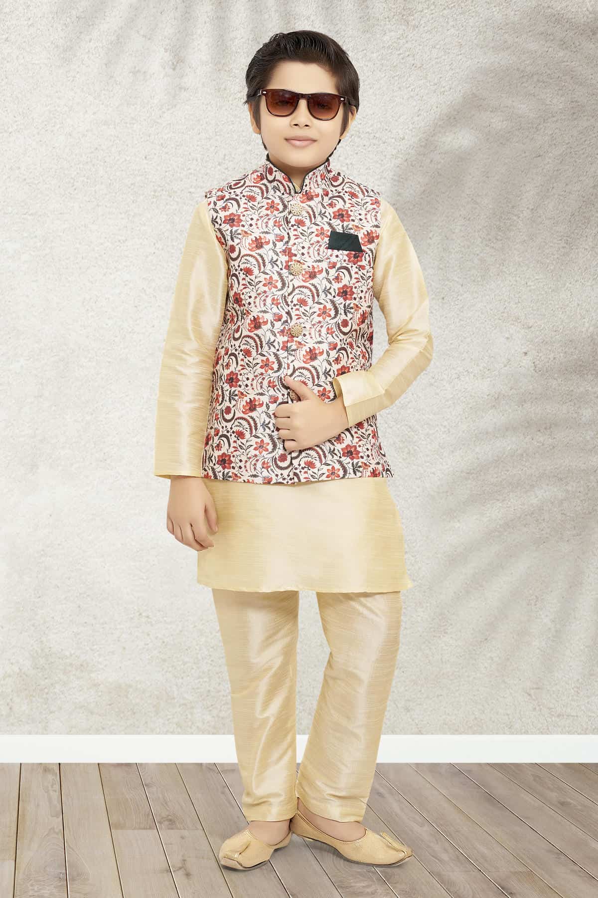 Banarasi Silk Digital Printed Cream Colour 3 Pcs Jacket Set