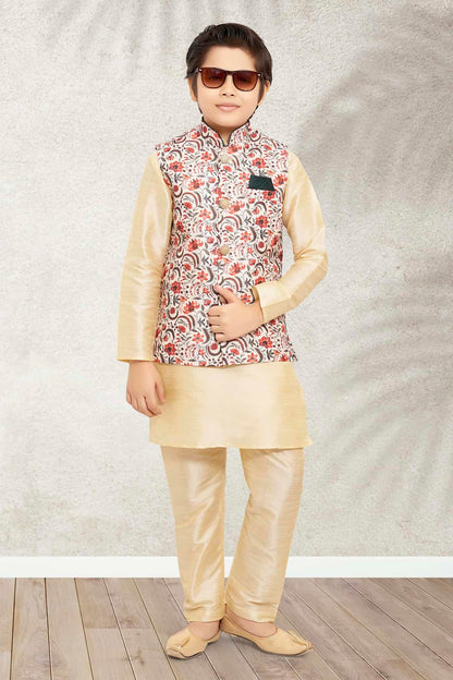 Banarasi Silk Digital Printed Cream Colour 3 Pcs Jacket Set