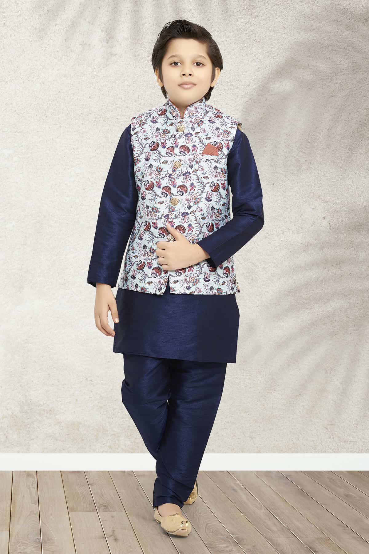 Banarasi Silk Digital Printed Sky Blue Colour 3 Pcs Jacket Set