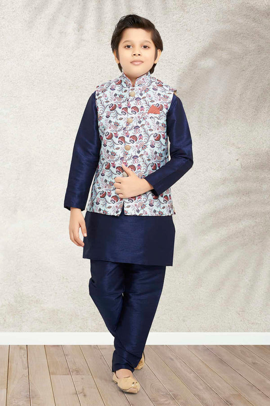 Banarasi Silk Digital Printed Sky Blue Colour 3 Pcs Jacket Set