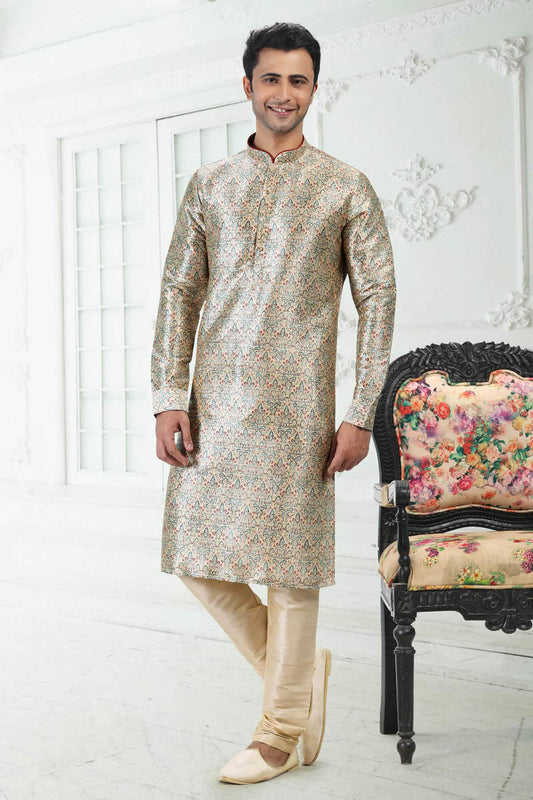 Banarasi Silk Kurta Pajama In Cream Green colour KP1230402 A