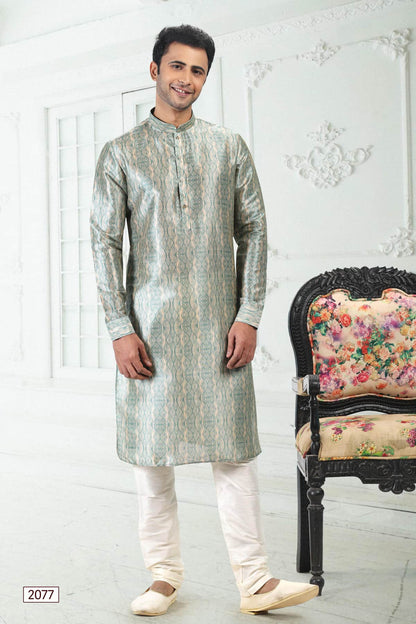 Banarasi Silk Kurta Pajama In Cream Teal Green colour KP1230404 A