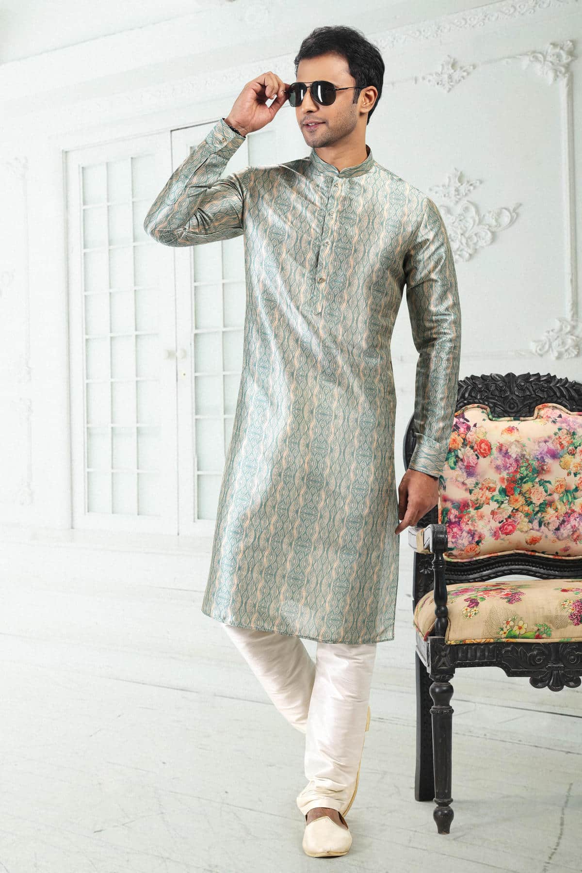 Banarasi Silk Kurta Pajama In Cream Teal Green colour KP1230404 B