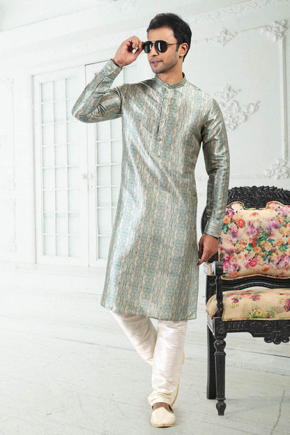 Banarasi Silk Kurta Pajama In Cream Teal Green colour KP1230404 B