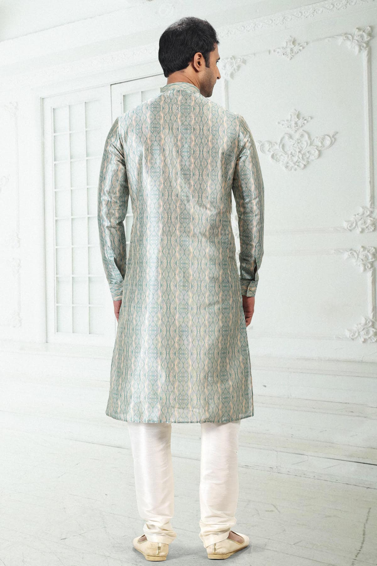 Banarasi Silk Kurta Pajama In Cream Teal Green colour KP1230404 C