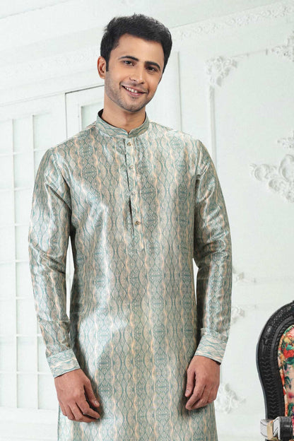 Banarasi Silk Kurta Pajama In Cream Teal Green colour KP1230404 D