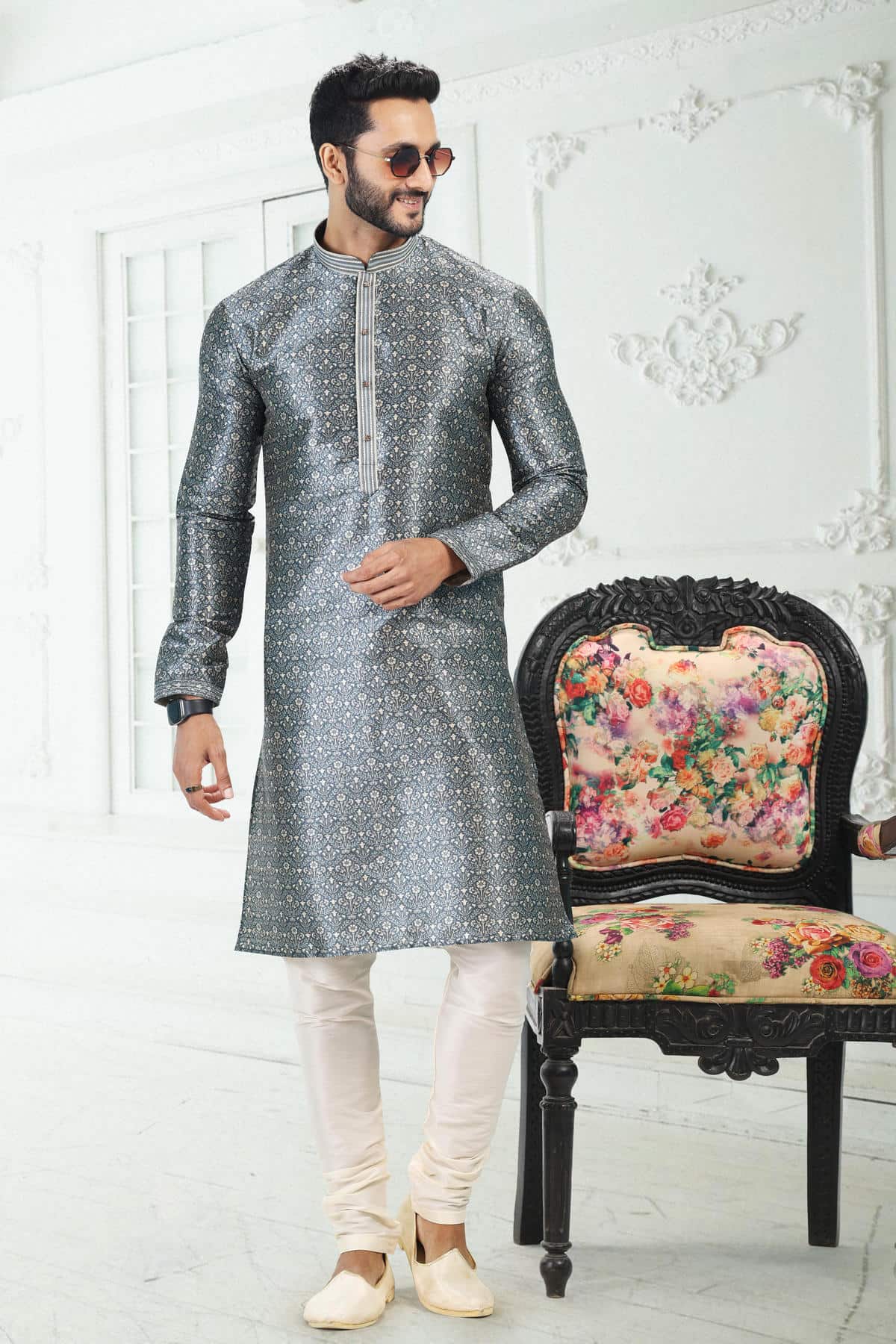 Banarasi Silk Kurta Pajama In Grey colour KP1230388 B