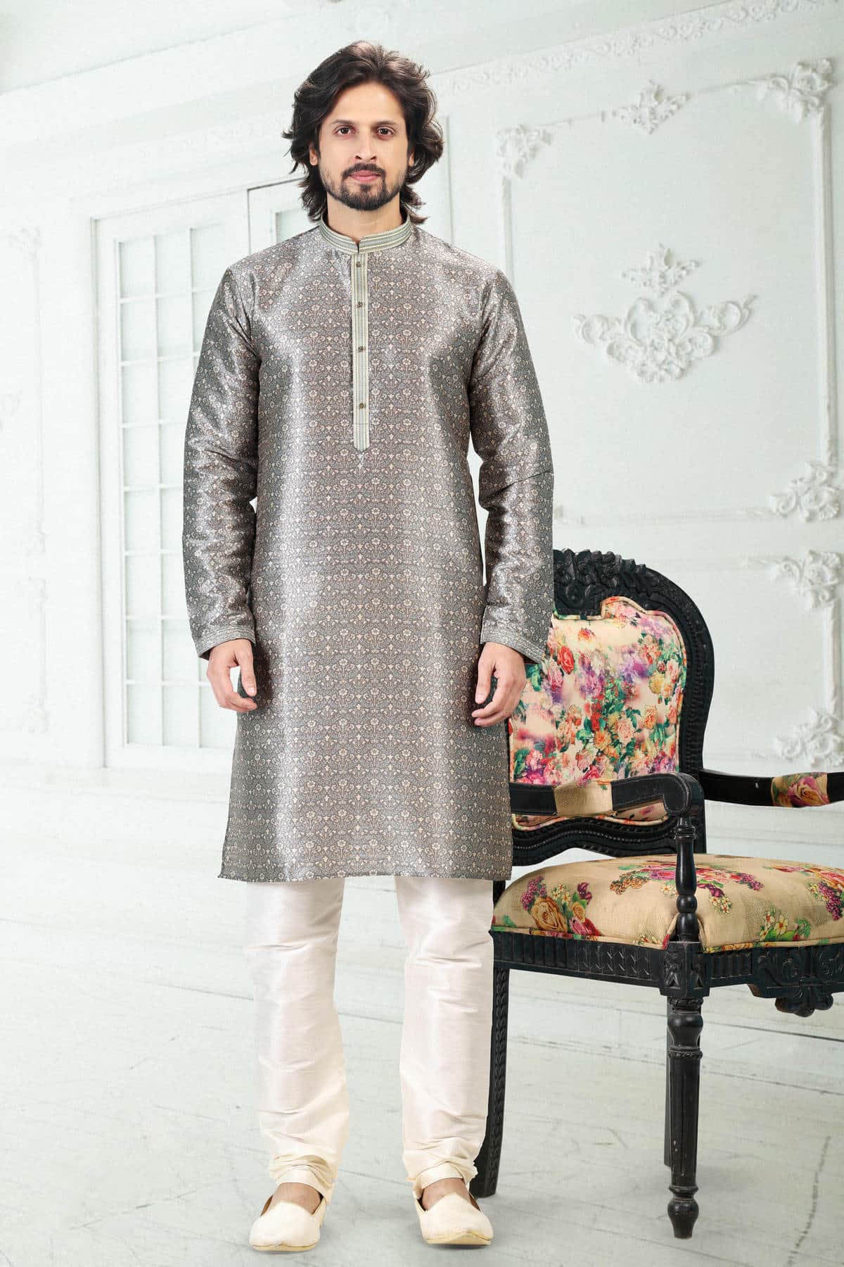 Banarasi Silk Kurta Pajama In Grey colour KP1230390 A