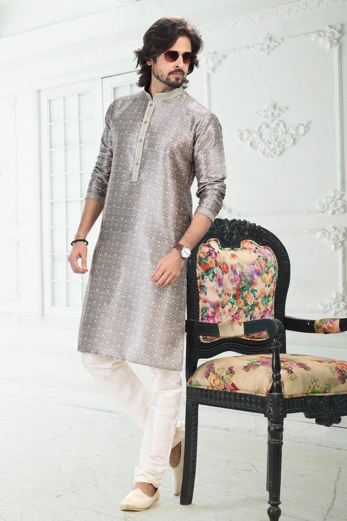 Banarasi Silk Kurta Pajama In Grey colour KP1230390 B