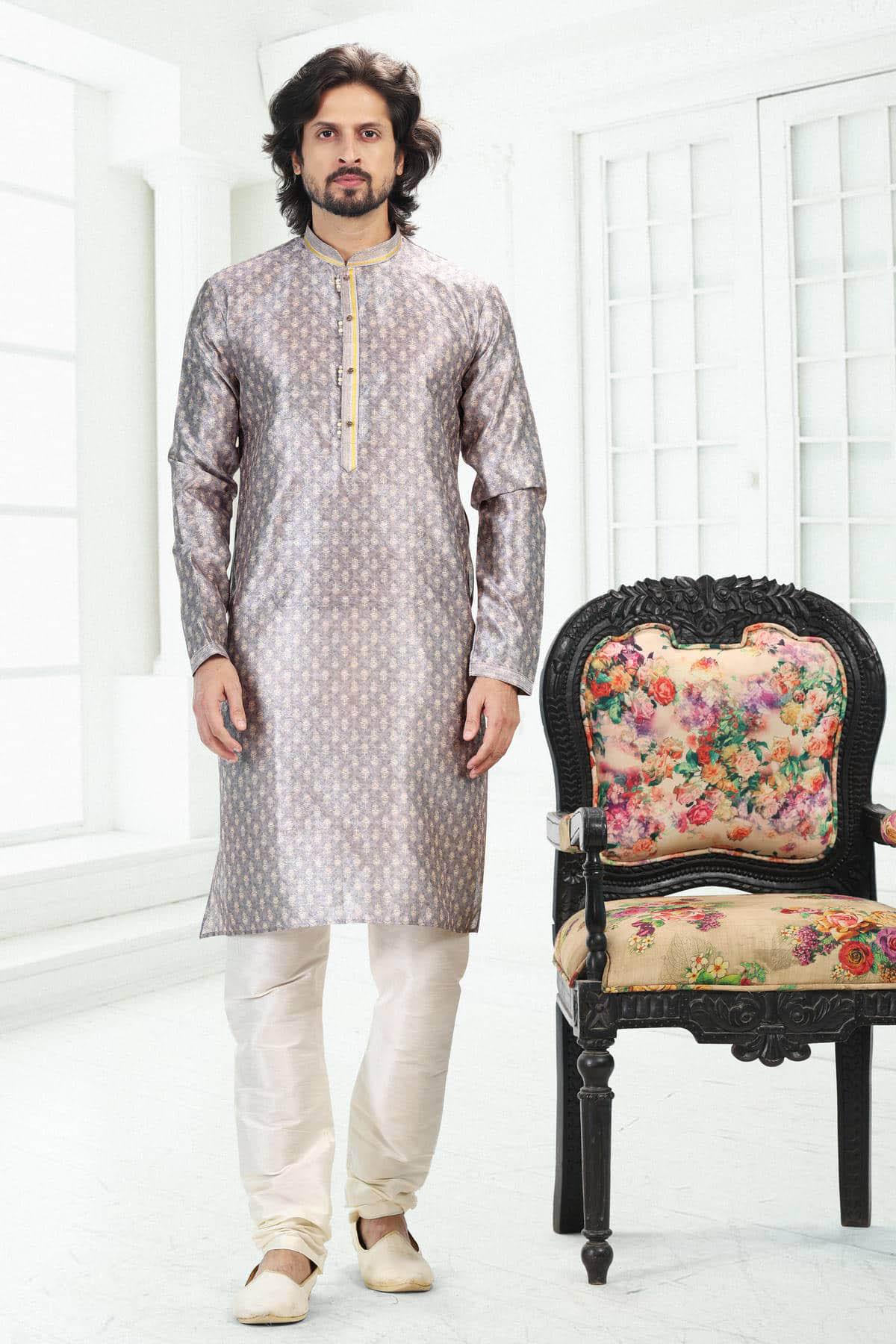 Banarasi Silk Kurta Pajama In Grey colour KP1230393 A