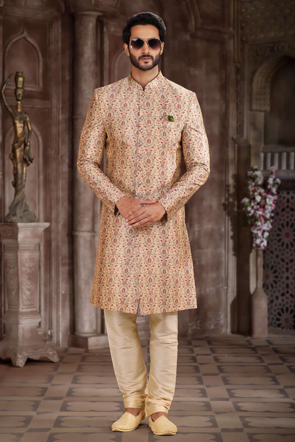 Beige Colour Art Silk Digital Printed Work indo western Sherwani