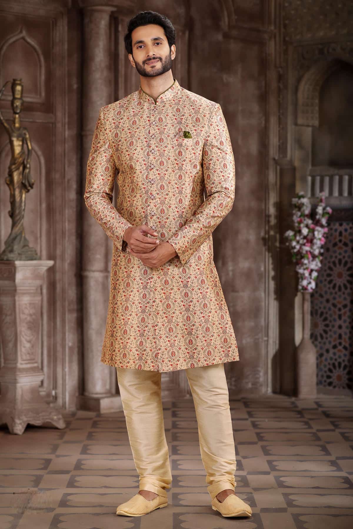 Beige Colour Art Silk Digital Printed Work indo western Sherwani