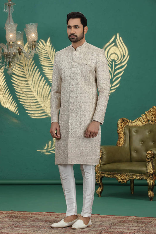 Beige Colour Art Silk Embroidery Sherwani