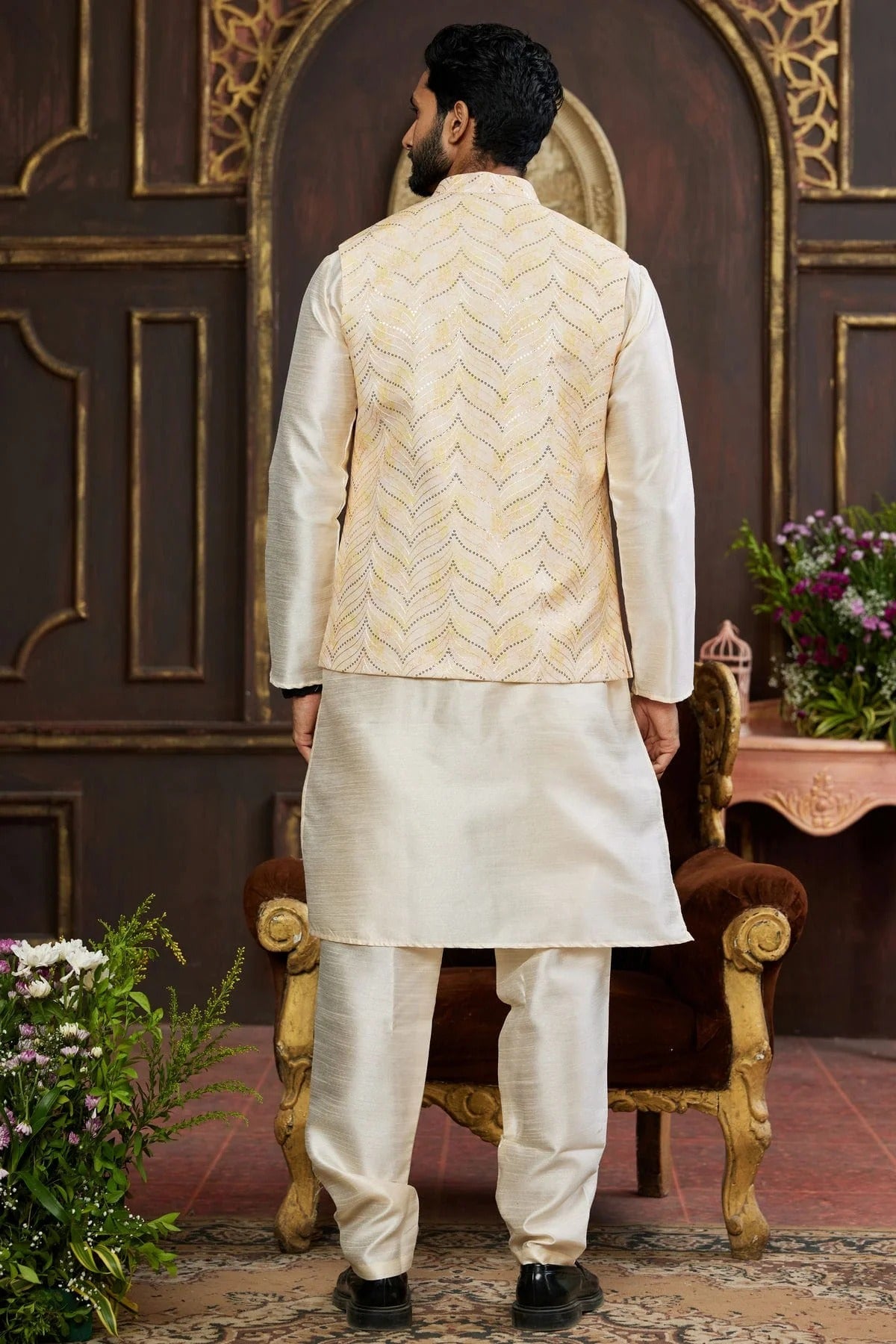 Beige Colour Art Silk Kurta Pajama With Jacket KP1230266 A