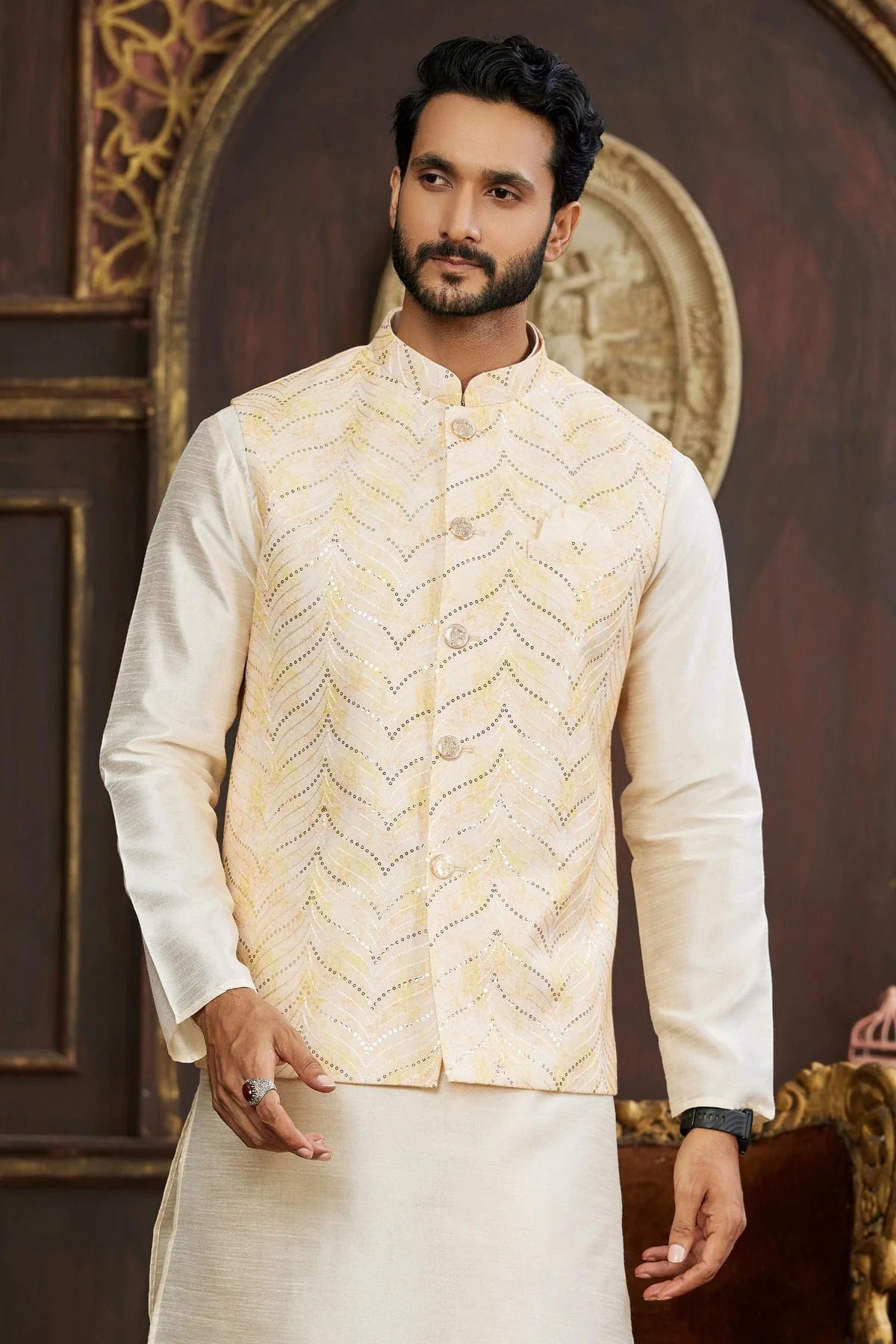 Beige Colour Art Silk Kurta Pajama With Jacket KP1230266 B