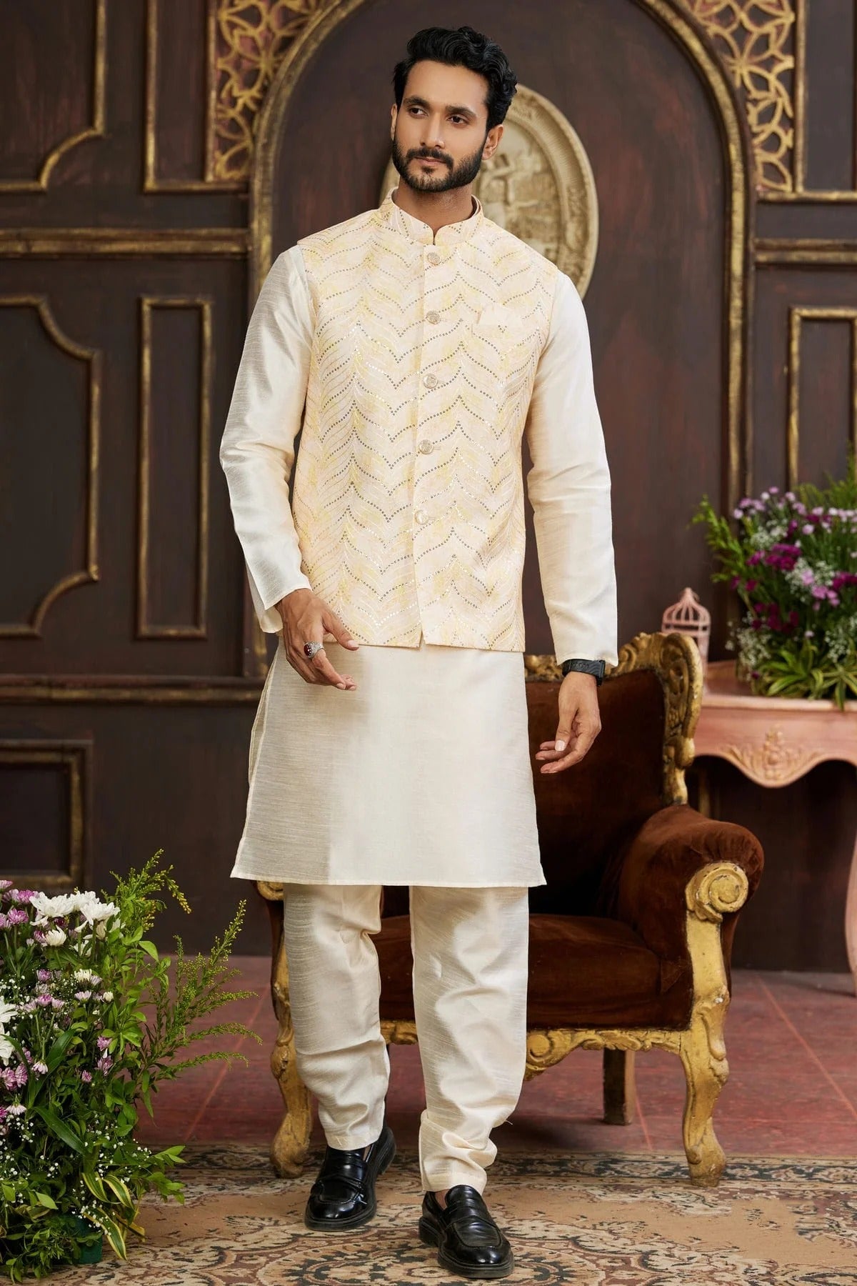 Beige Colour Art Silk Kurta Pajama With Jacket KP1230266