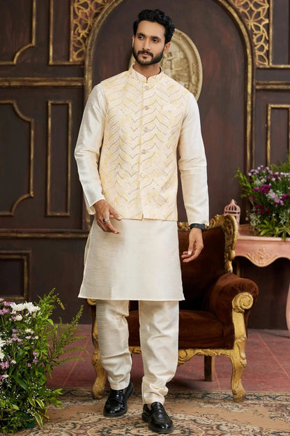 Beige Colour Art Silk Kurta Pajama With Jacket KP1230266