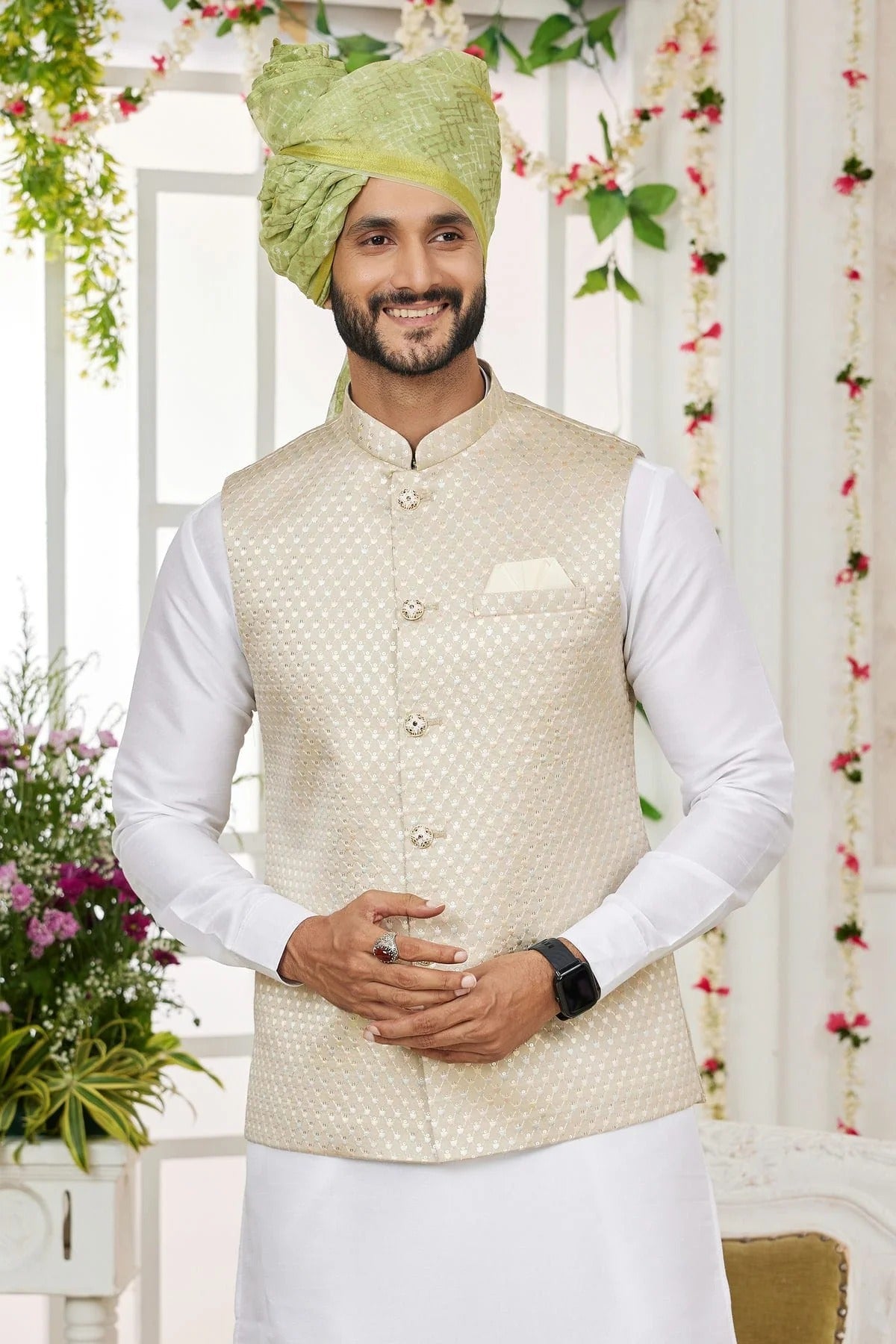 Beige Colour Art Silk Kurta Pajama With Jacket KP1230273 B