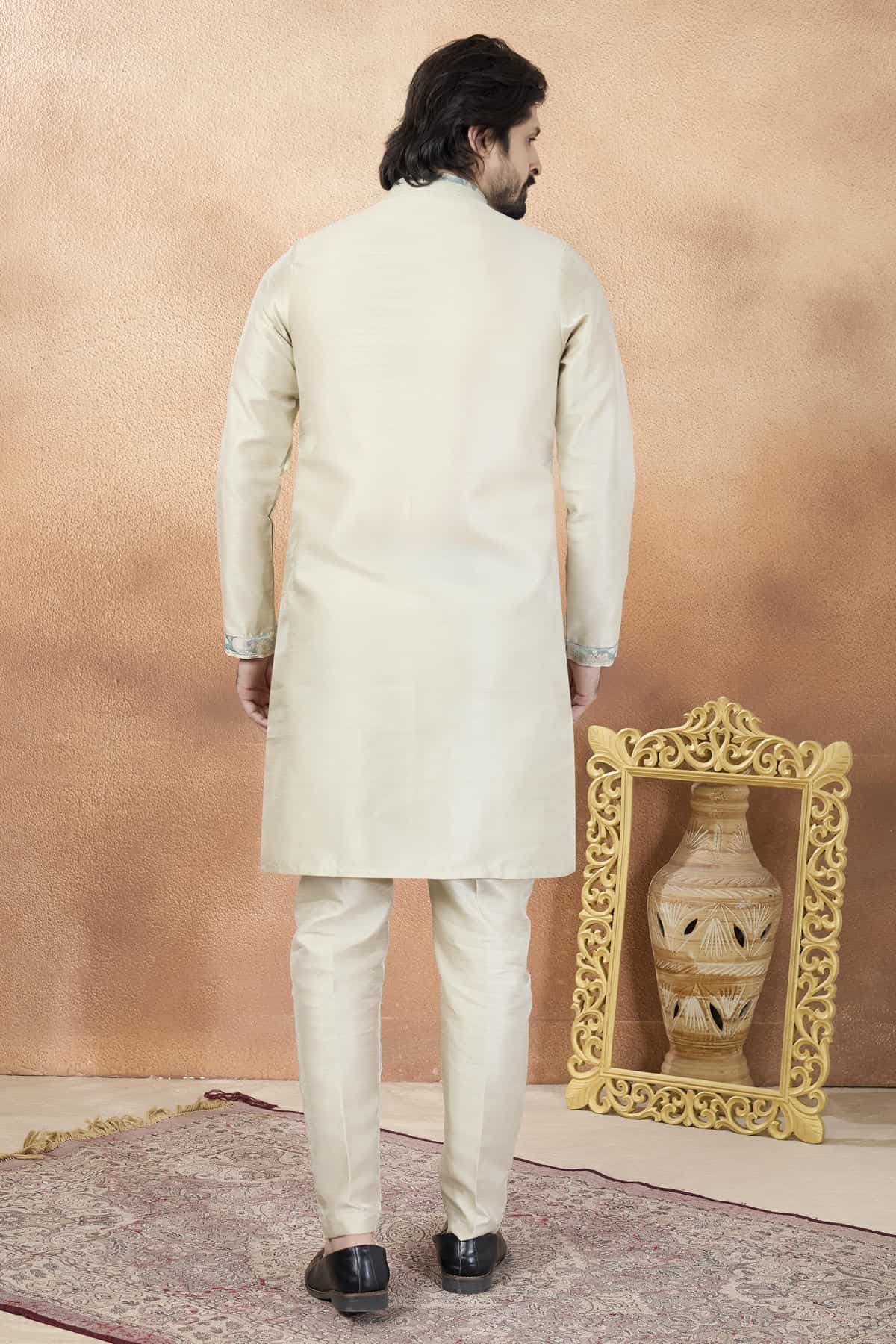 Beige Colour Art Silk Pintux Work Kurta Pajama