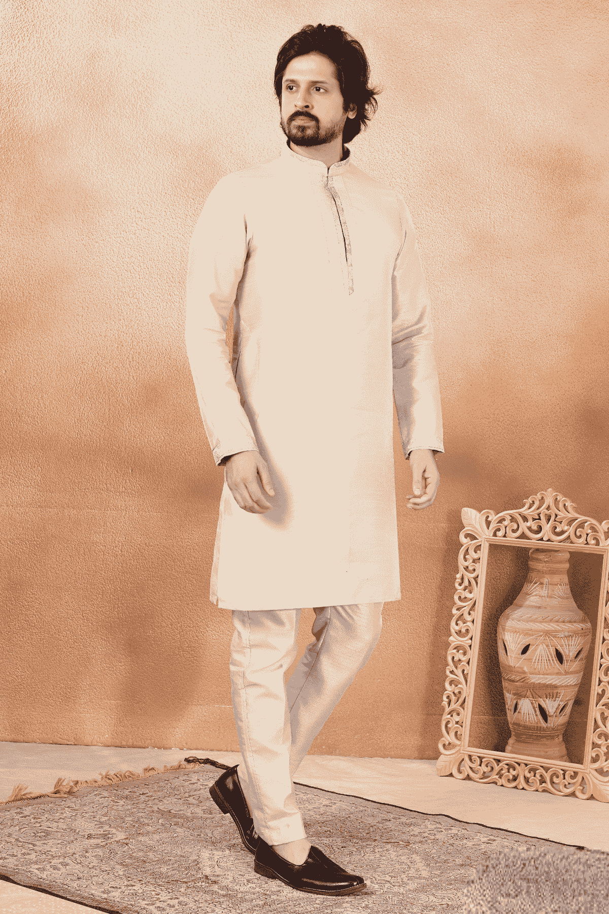 Beige Colour Art Silk Pintux Work Kurta Pajama